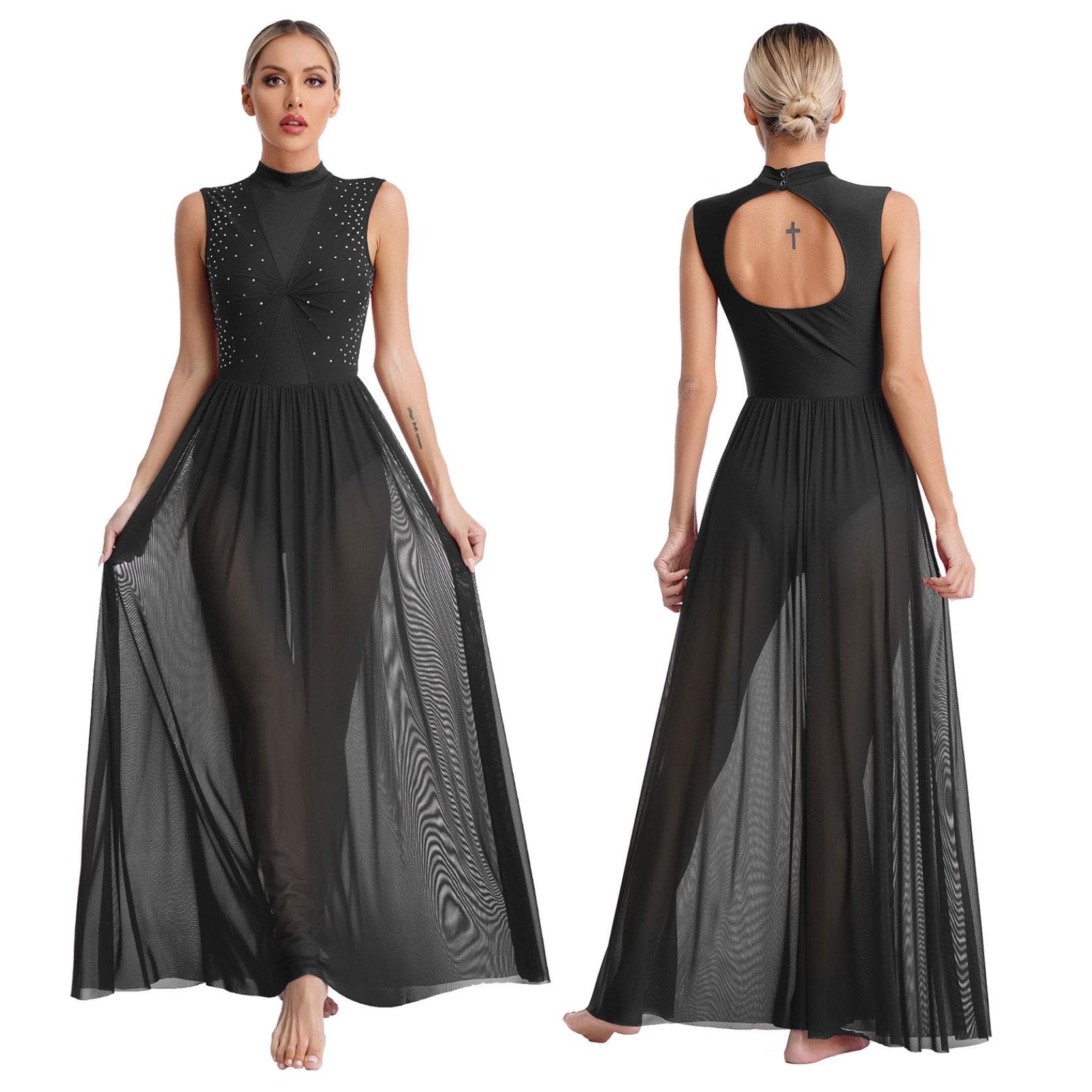Women Long Dress Lyrical Modern Dance Sleeveless Open Back Twist Sheer Mesh Overlay Leotard Praise Liturgical Dancewear L black
