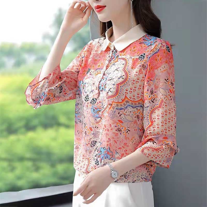 Floral Chiffon Shirt Women's Spring and Summer Western Style Polo Shirt All-match Blouse Three-quarter Sleeve Top S red