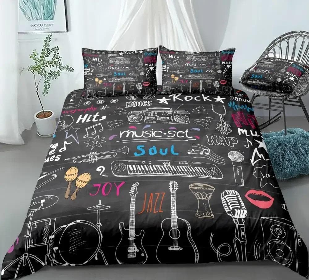 Rock Music King Queen Duvet Cover Electric Guitar Punk Style Bedding Set Youth Fashion Hip Hop 3D Polyester Comforter Cover 70x133cm 2pcs
