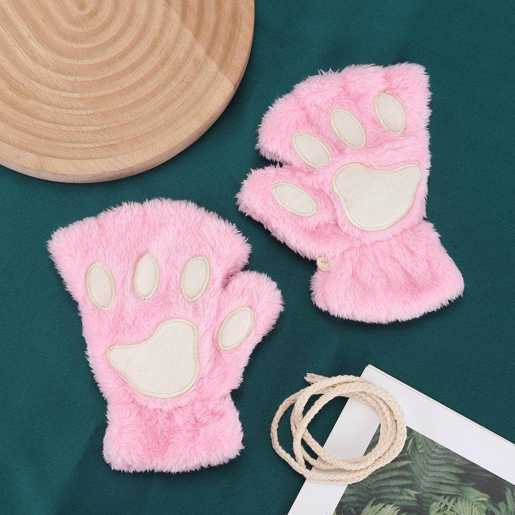 Cat's Paw Gloves Ladies Winter Korean Cute Girls Fingerless Thick Warm Bear's Paw Plush Half-finger Gloves pink