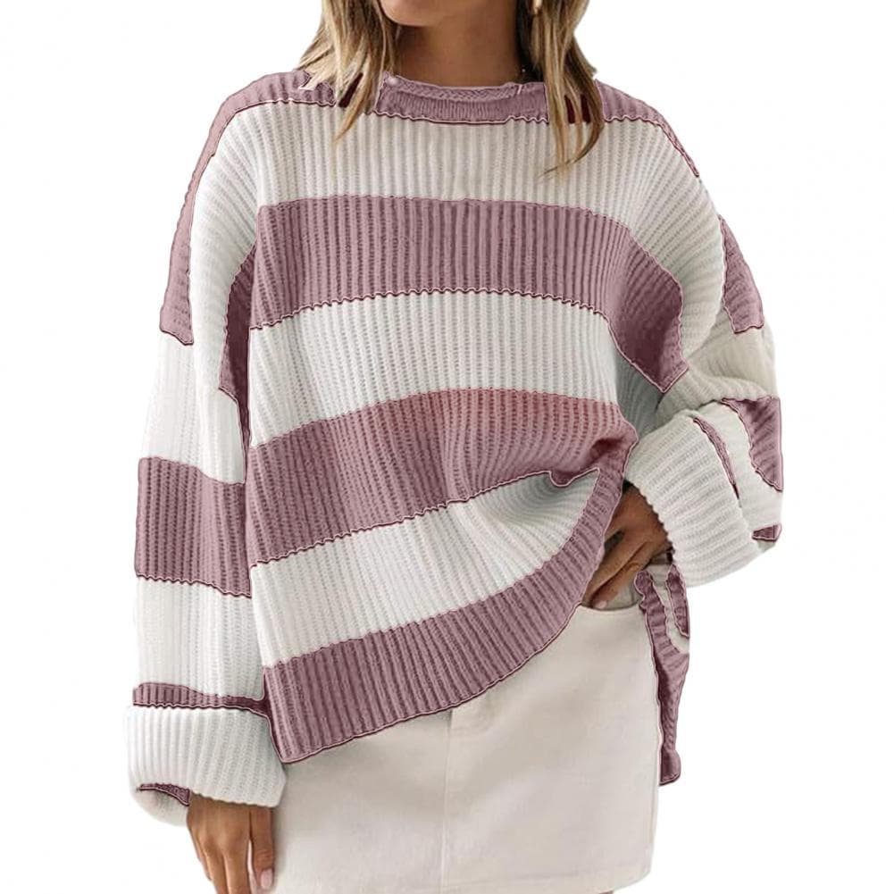 Fall Winter Women Sweater Colorblock Knitted Thick Loose Warm Pullover Round Neck Elastic Soft Cozy Anti-shrink Long Sleeve Lady S pink