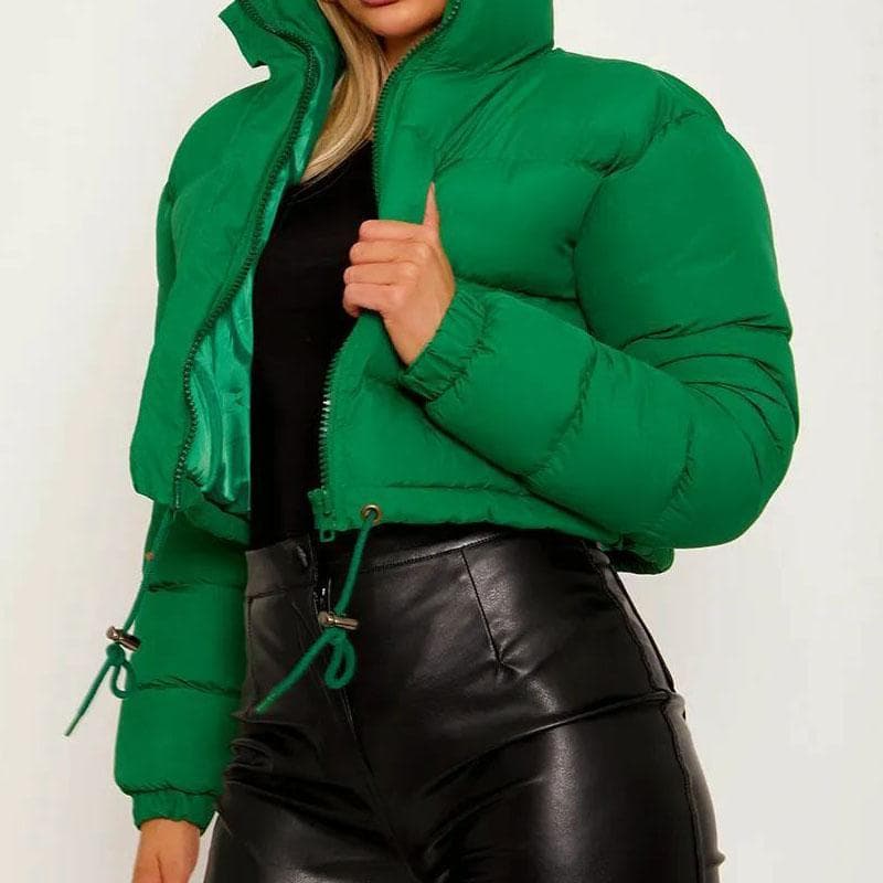 Winter Warm Stand Collar Long Sleeve Zipper Short Cotton Padded Jackets L green