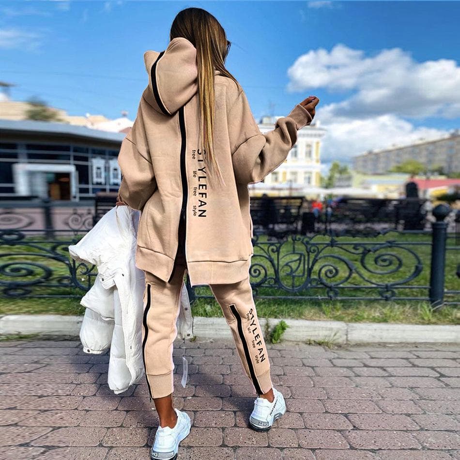 Women Fashion Sweatsuits Tracksuit Jogging Suit Streetwear Running Sportswear Zipper Long Hoodies Long Pant Two Pice Set M