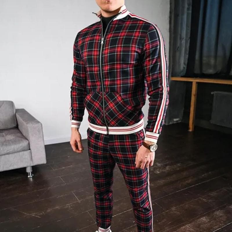 Men Clothing Ropa Zipper Stand Collar Street Casual Tracksuits Two Pieces Set Hombre Multicolor Lattice Jacket Sweatshirt Coat XXXL
