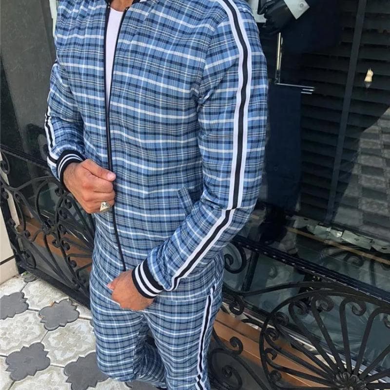 Men' 3D Plaid Sports Gentlemen Sets Jacket Men Set Tracksuit Street Fashi Trend Fashion Stand-up Collar Zipper Sportswear Suit L
