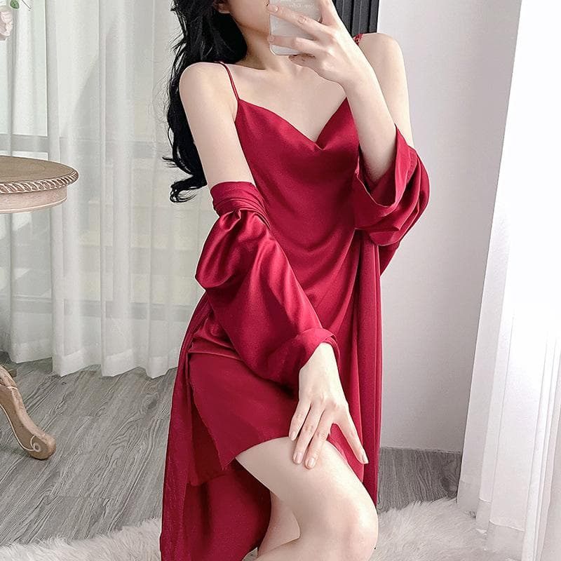 Pajamas Female Spring and Fall Thin Section of Ice Silk Long-sleeved Robe Sexy V-neck Nightgown Set 2XL red