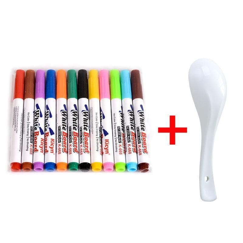 Magical Water Painting Pen Colorful Mark Pen Markers Floating Ink Pen Doodle Water Pens Children Montessori Early Education Toys 12 Pcs with Spoon multicolour