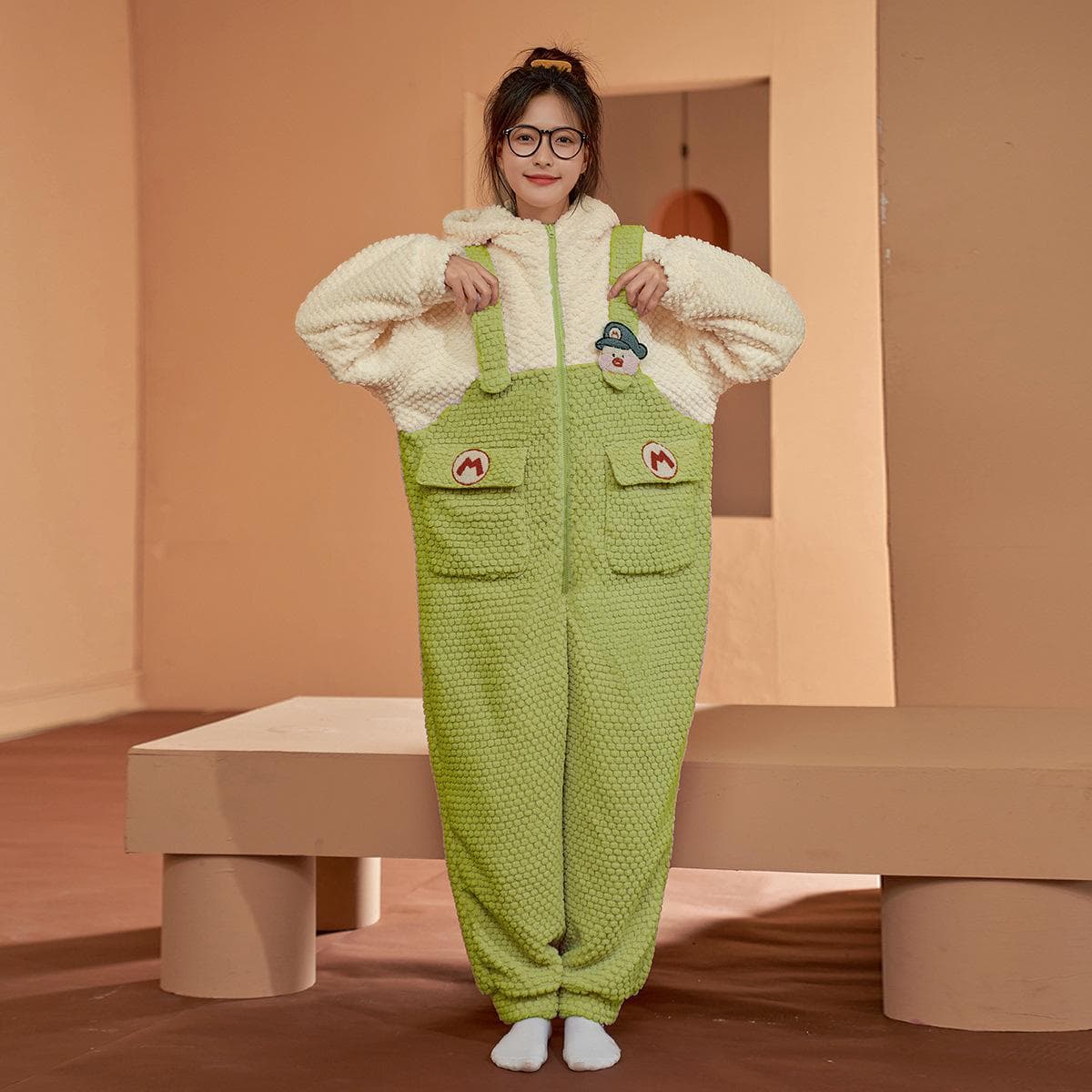 Winter Pajamas Women's Jumpsuit Coral Fleece Sleepwear Cute Cartoon Nightwear Thickened Plush Hooded Warm Flannel Home Clothes 2XL green