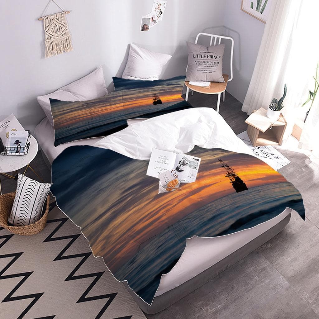 Duvet Cover Queen Size 3D Red Sunset Landscape Digital Printing, Double Size Bedding Set, Fashion Design, For Girls Kids Room W90xL190cm