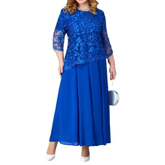 Women Dress Flower Embroidery See-through Lace Three Quarter Sleeve O Neck Fake Two-piece Loose Solid Color Plus Size Elegant Maxi Dress L blue