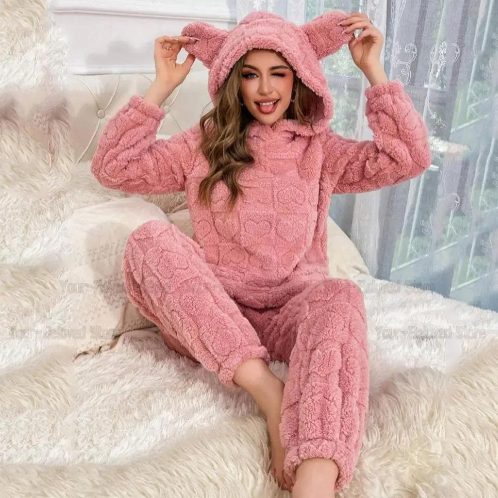 Women Cute Jacquard 2Pcs Sleepwear Pink Hooded Top&pants Warm Fleece Winter Outwear Thicken Sleepwear Pyjamas Femme Loungewear M