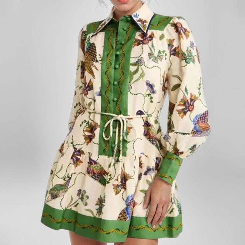 Autumn New European and American Women's Clothing Fresh Printing Lapel Collar Long Sleeve Loose Short Pleated Dress 3XL