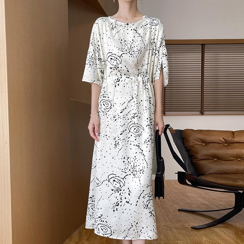 Unique French Printed Round Neck Short-sleeved Dress with Temperament and Gentle Waist Style Women's Satin Midi Skirt XL