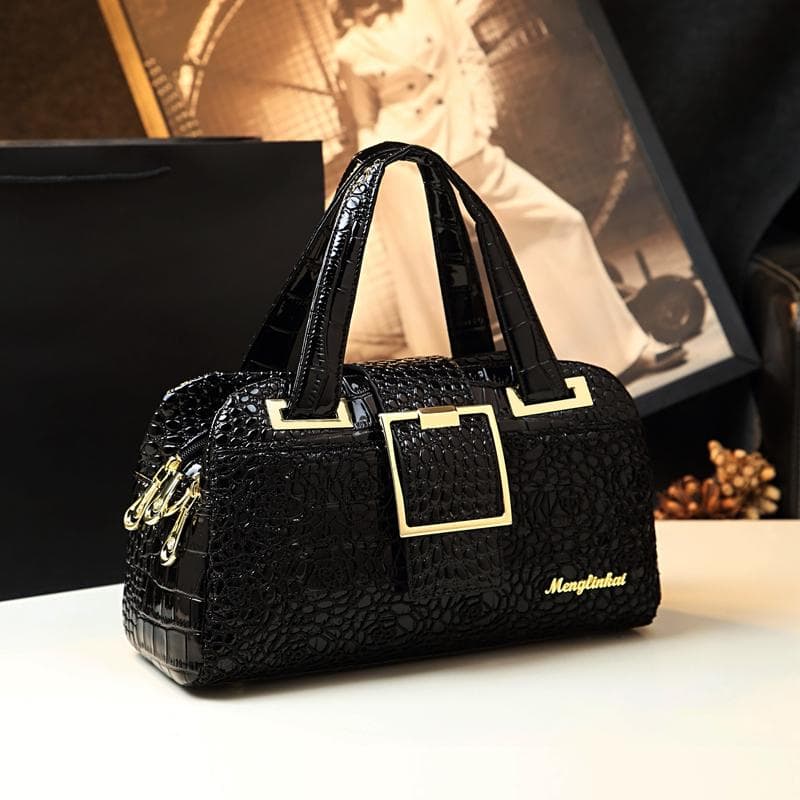 Cowhide Leather Women Handbag Lace Crocodile Pattern Mother Bag Shoulder Messenger Three-layer Middle-aged Portable Boston Bags black
