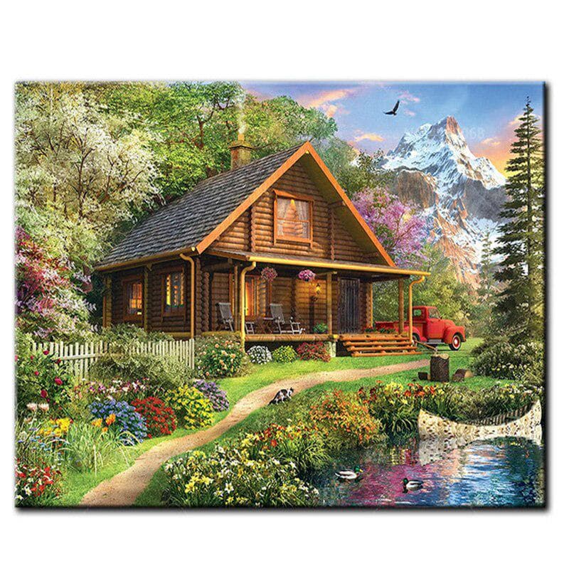 Diy Diamond Painting Mountain Cabin Lake Landscape Diamond Embroidery Cross Stitch Full Round Drill 20X30CM