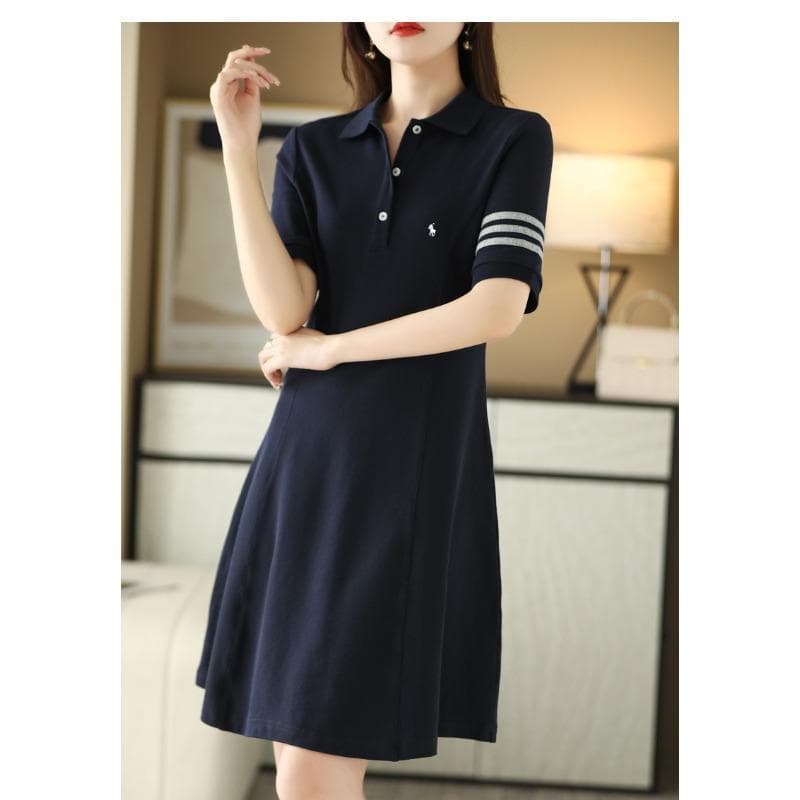 New Summer Embroidered Polo Neck Slim Mid-length Dress for Women's Fashionable Versatile Large Sling Skirt Cotton Thread Skirt XXL navy blue