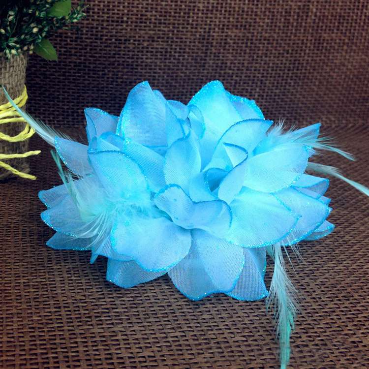 Fascinator Corsage 1X Flower Feather Brooch Wedding Ball Head Hair Clip 12.5x12.5cm blue
