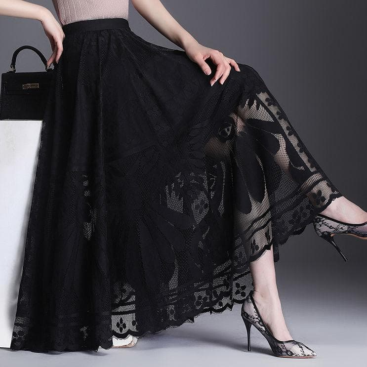 Spring and Summer Women's Lace Skirt A-line Long Skirt Big Hem Gauze Hollow Pleated Skirt XXL black