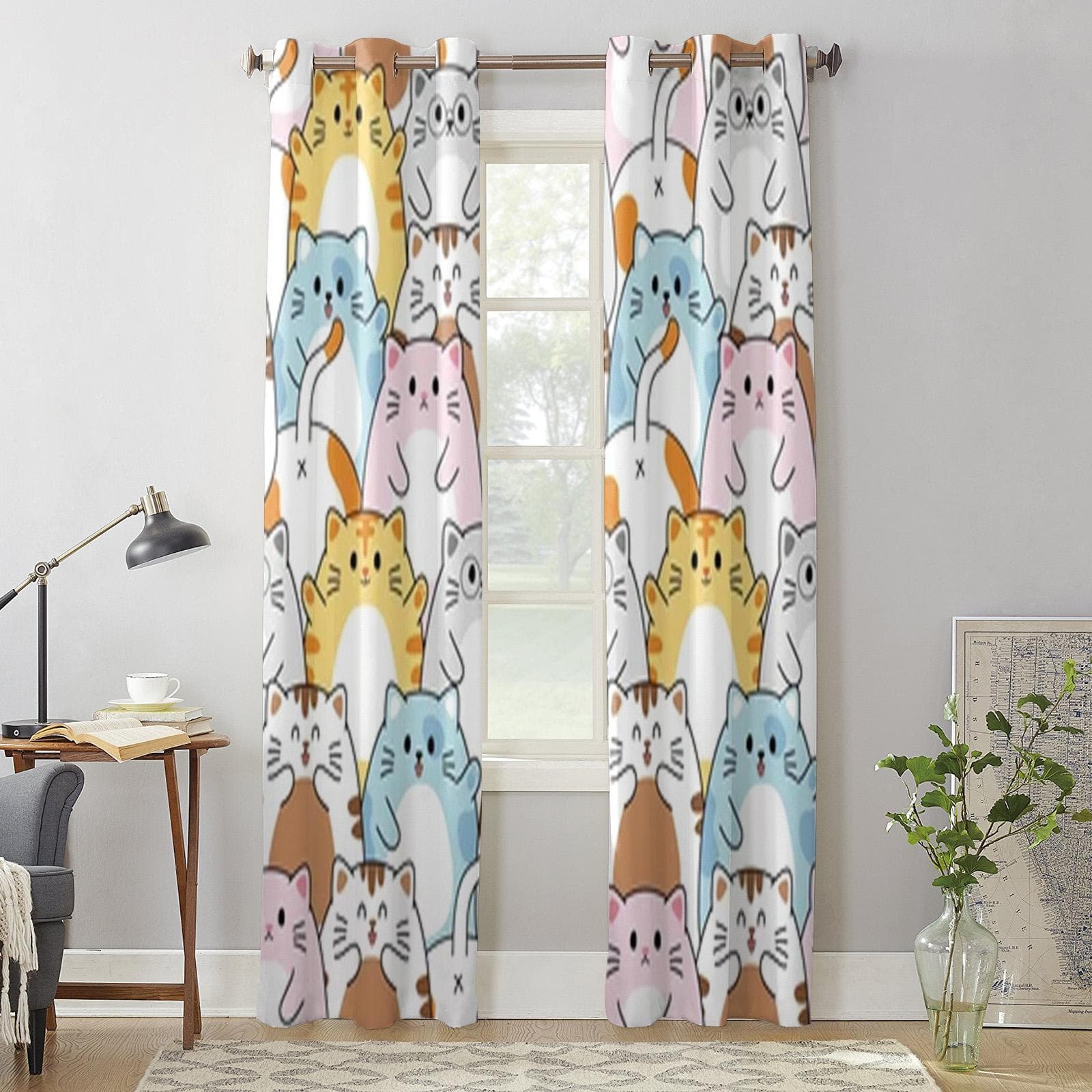 Cute Colorful Cat Cartoon Window Curtains For Living Room Kitchen Modern Curtains Home Decor Blinds Drapes 135W x 60H(cm) x1