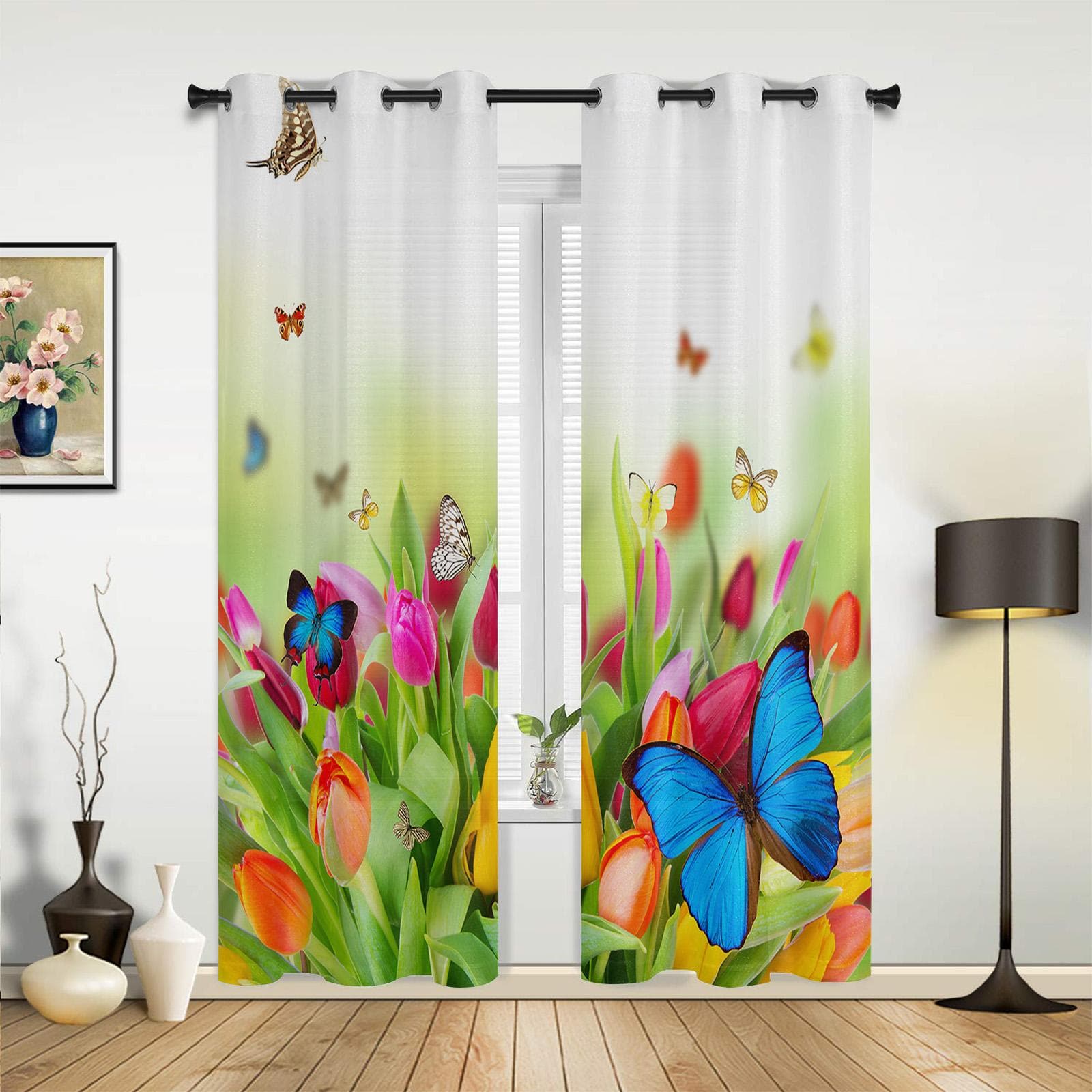 Butterfly Green Leaf Flower Window Curtain Modern European Style Curtains for Bedroom Living Room Backdrop Curtain 135W x 60H(cm) x1