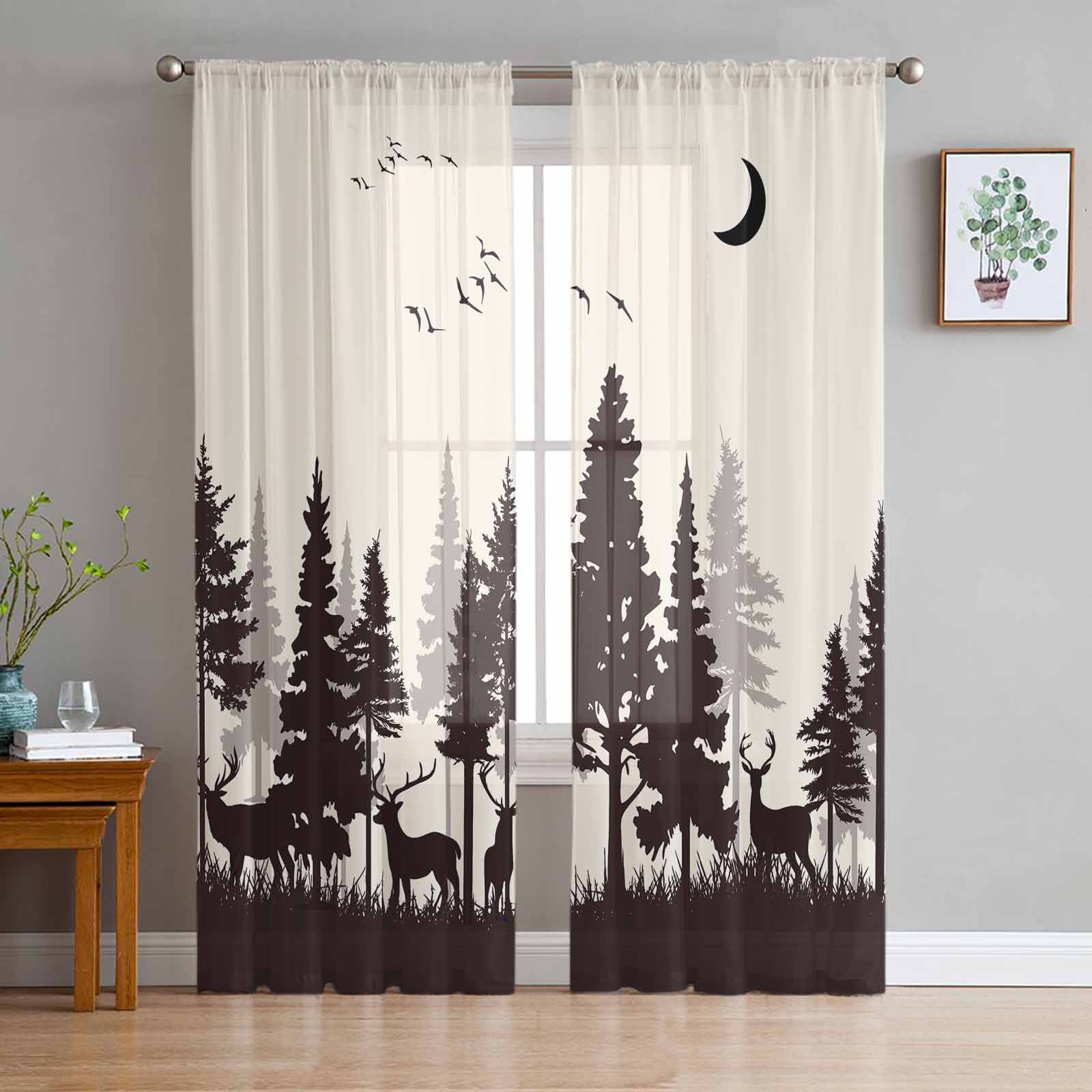 Forest Silhouette Deer Animal Moon Window Tulle Curtains for Living Room Bedroom Hotel Luxury Decoration Sheer Curtains 135W x 114H(cm)