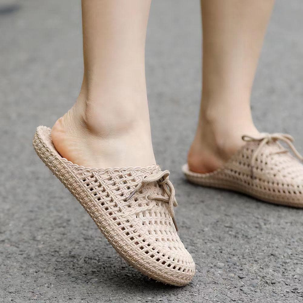 Summer Slippers Shoes Woman Closed Toe Breathable Flip Flops Women Hollow Out Lace Up Outdoor Slides Women Flat 41 dark khaki
