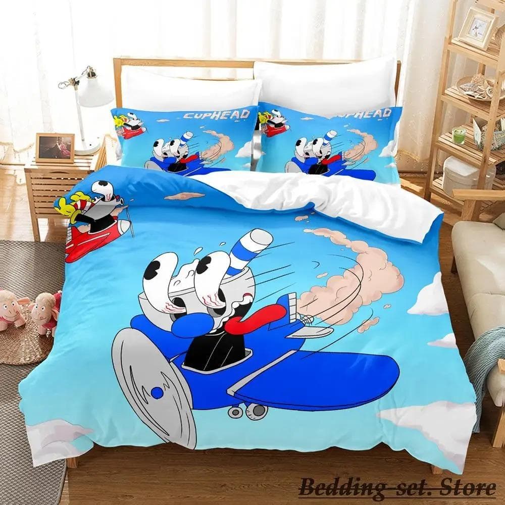 Game Cuphead Mugman Bedding Set Cartoon Anime three-piece set Adult Kid Bedroom Duvetcover Sets 3D Kawaii cama de casal EU King 240x220cm
