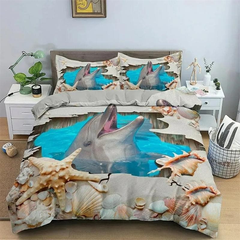 Sea Turtle Bedding Set Cover Underwater World Duvet Cover Set Ocean Animals Bed Set,Dolphin and Coral Printed Comforter Cover 135X200cm-2pcs