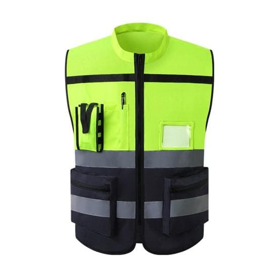 Men Women High-Visibility Reflective Vest Stand Collar Sleeveless Multi Pockets Design Waistcoat Clear ID Pocket Pen Holder Vest Coat L