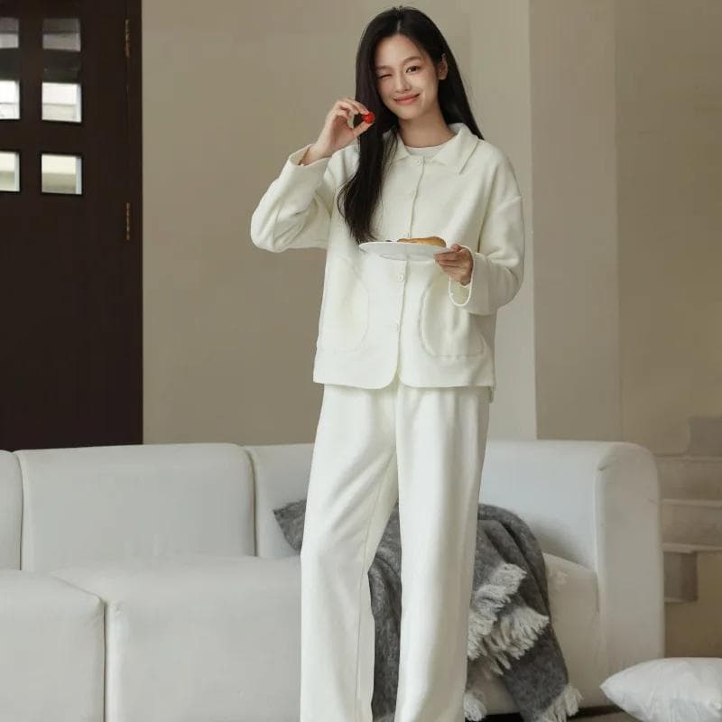 Women's Pajamas Autumn and Winter New Fleece Suit Solid Color Small Lapel Loose Warm Long Sleeve Trousers Home Clothes for Women One Size