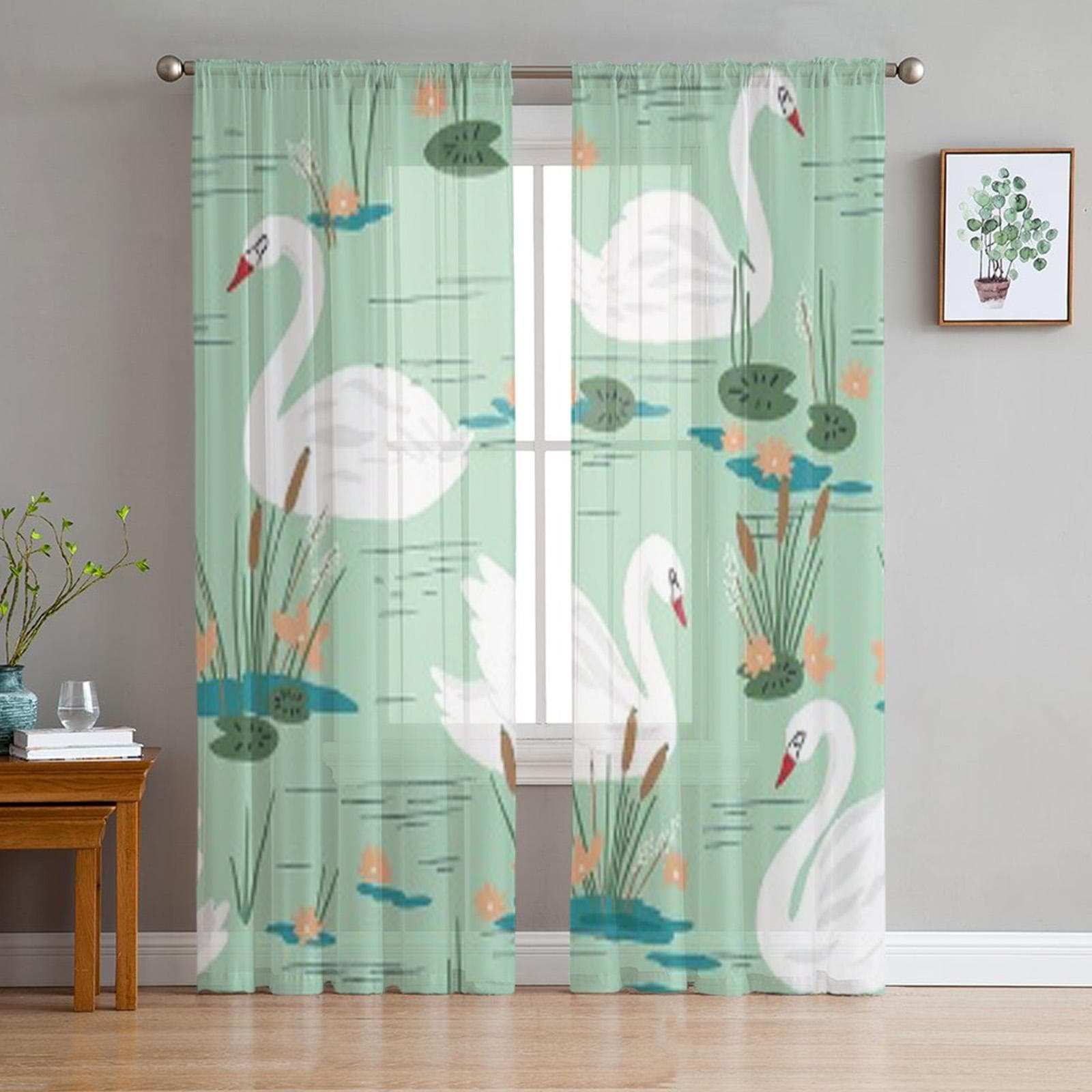 Swans On The Lake Green Tulle Sheer Curtains for Living Room the Room Bedroom Kitchen Decoration Voile Organza Curtains 135W x 114H(cm)