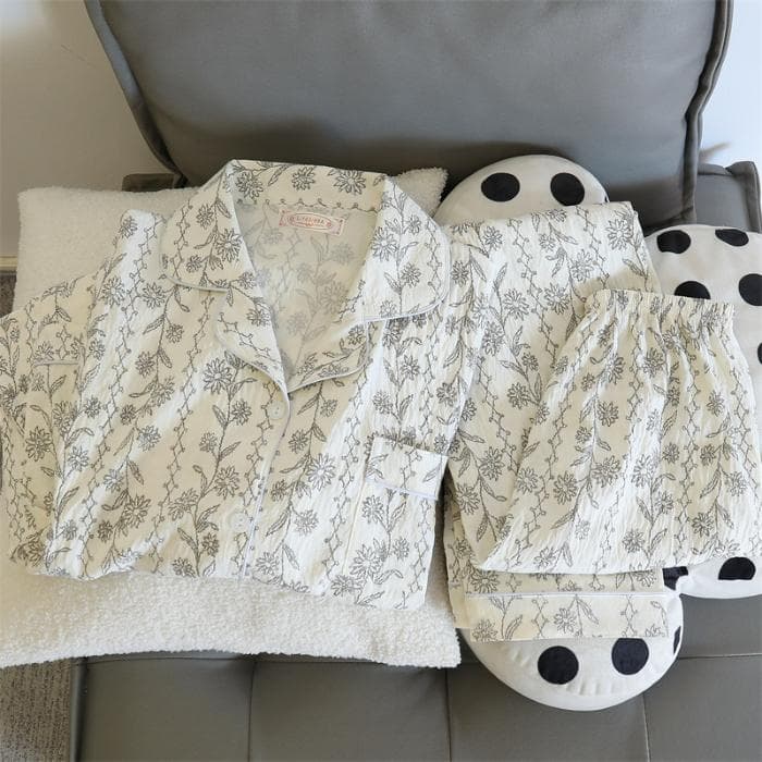 Cherries Print Two Pieces Pajamas Set Autumn Faux Cotton Pajamas Fashion Home Clothes Ladies Pants and Top Set Pijamas L
