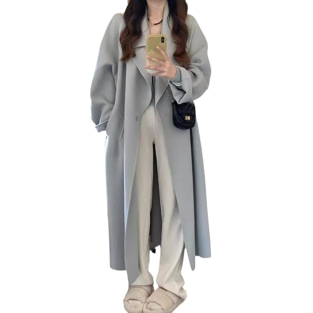 Blue Woolen Coat Women's Autumn and Winter New Medium and Long Small Woolen Coat XL
