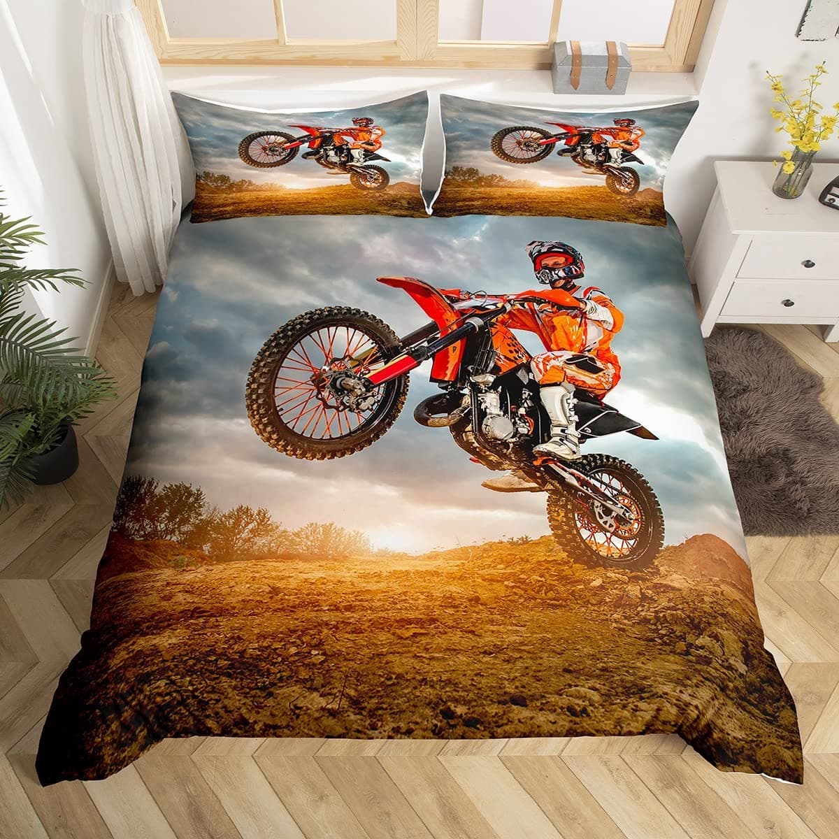 Mountain Bike Duvet Cover Extreme Sports Bedding Set Bicycle Rider Comforter Cover Racing Dirt Bike Quilt Cover Twin Queen Size 150x200cm 3pcs