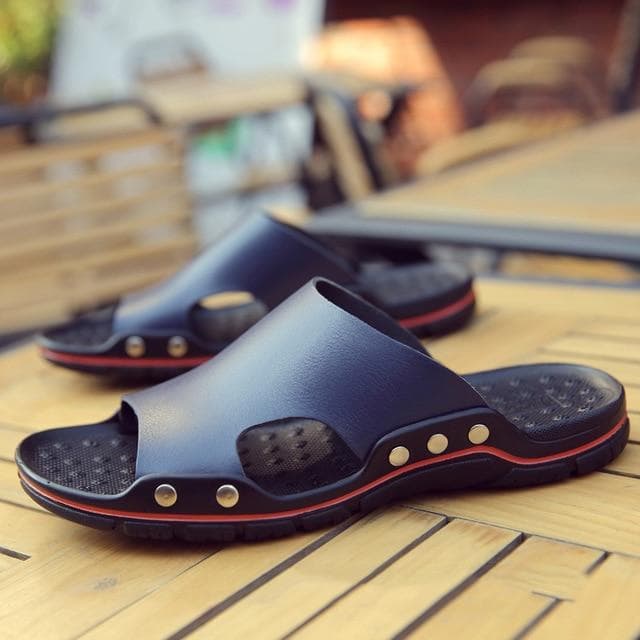 Genuine Cow Leather Slippers Couple Outdoor Non-slip Men Women Home Fashion Casual Single Shoes PVC Soft Soles Spring Summer 38 dark blue