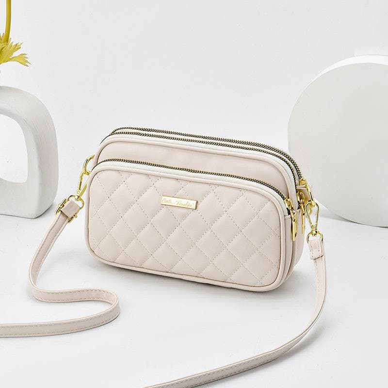 Fashion Lozenge Small Phone Bag for Women Soft Leather Crossbody Bag Three Layer Shoulder Messenger Bag 23x6x15cm white