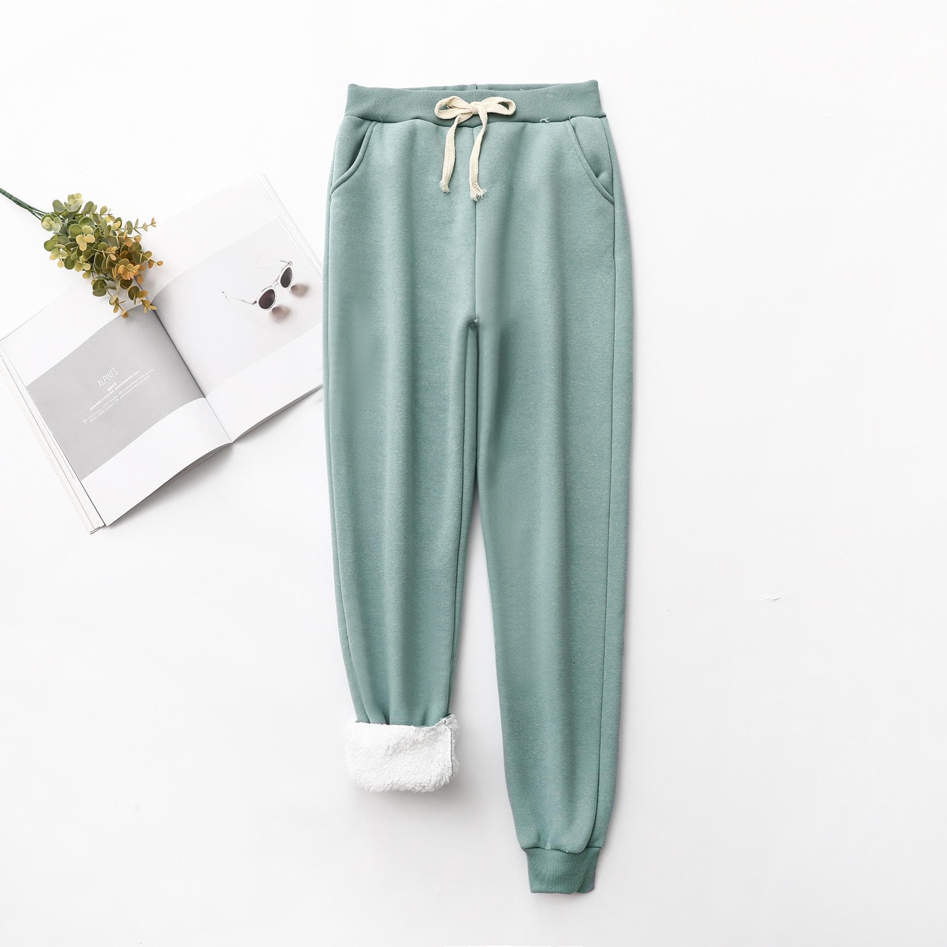 Lambskin Fleece-Lined Winter Skinny Sweatpants - Women's Casual Loose Fit M dark green