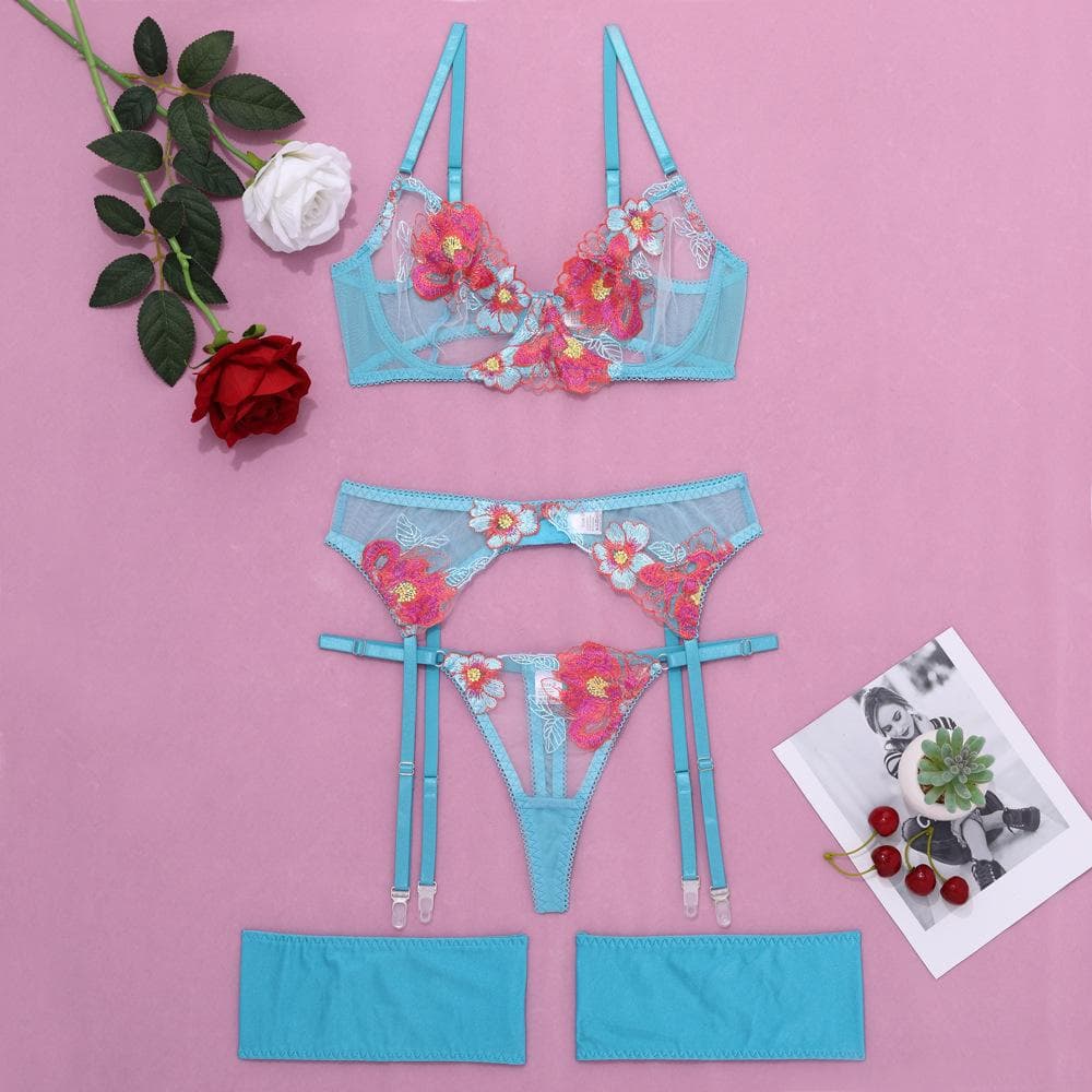 Lusha Sexy Embroidered Mesh Garter Lingerie Set (Model XYH0348) L sky blue