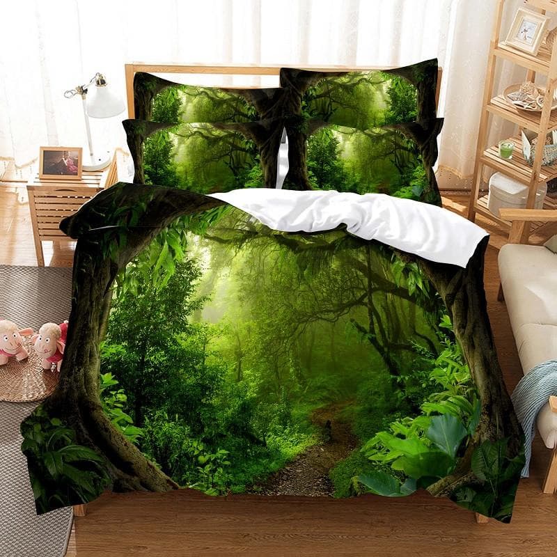 Modern Green Forest Landscape Digital Printing Bedding Set 3D Fashion Design Down Bed Cover Pillowcase 2-3 Pieces Home Textile US Twin(172x218cm)
