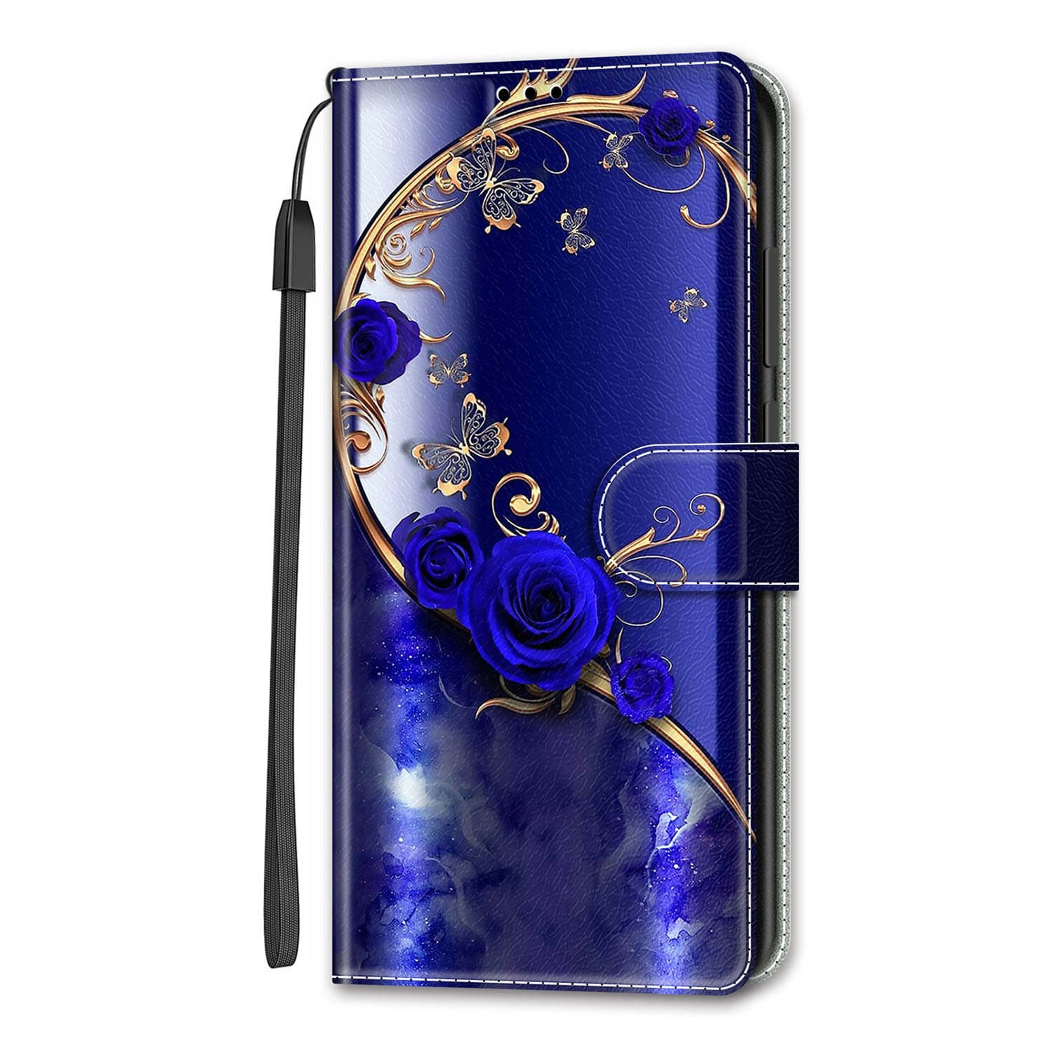Blue Rose Golden Butterfly PU Leather Wallet Flip Photo Frame Book Case for iPhone Samsung Huawei Honor Xiaomi Redmi Oppo Sony Motorola Nokia Google Samsung Galaxy A05 blue