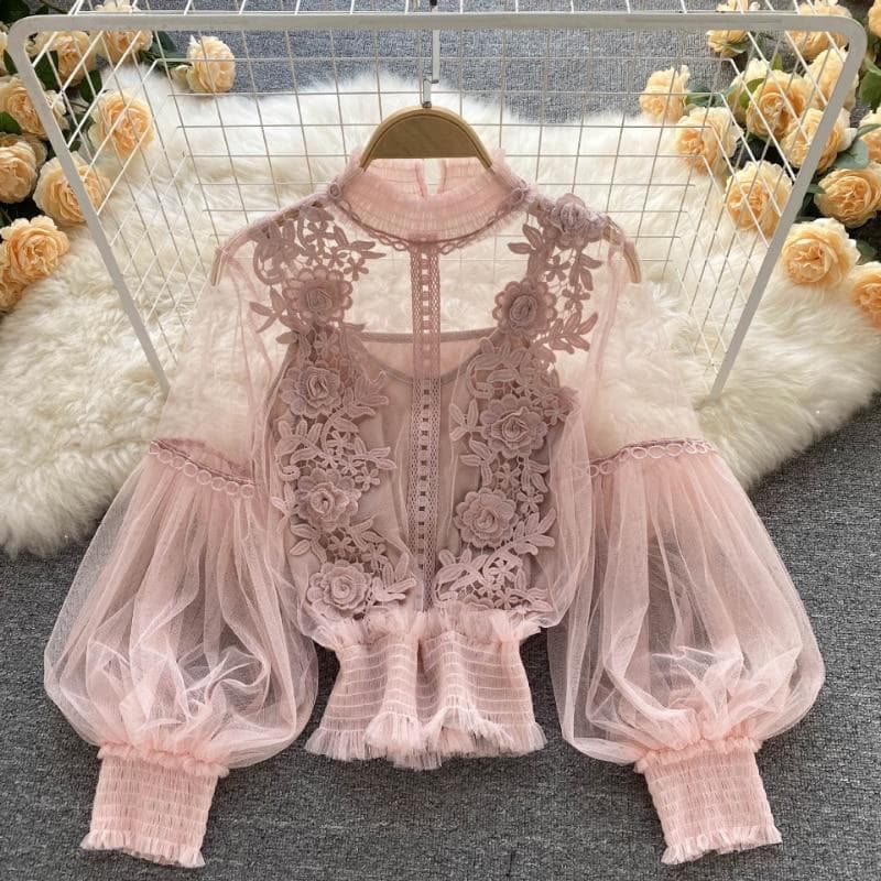 Elegant Floral Mesh Long Sleeve Short Blouse Sweet Women Lantern Sleeve Lace Shirts Ladies See Through Mesh Blouse Tops 25914 One Size light pink