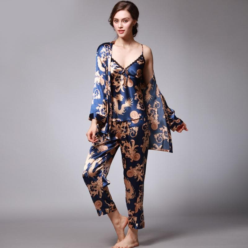 Women's Silk Satin Pajamas Set 3 Pcs Floral Silky Pj Sets Sleepwear Cami Nightwear with Robe and Pant 2XL