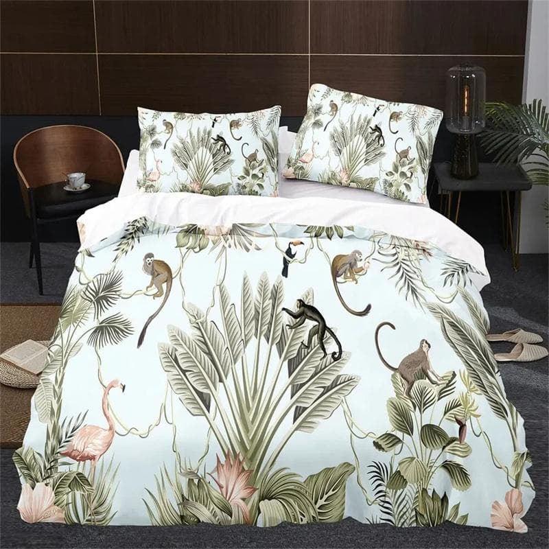 Monkey Duvet Cover King Queen Lovely Cartoon Animal Bedding Set for Kids Boy Girl Green Jungle Tree 2/3pcs Polyester Quilt Cover 135x200cm 2pcs