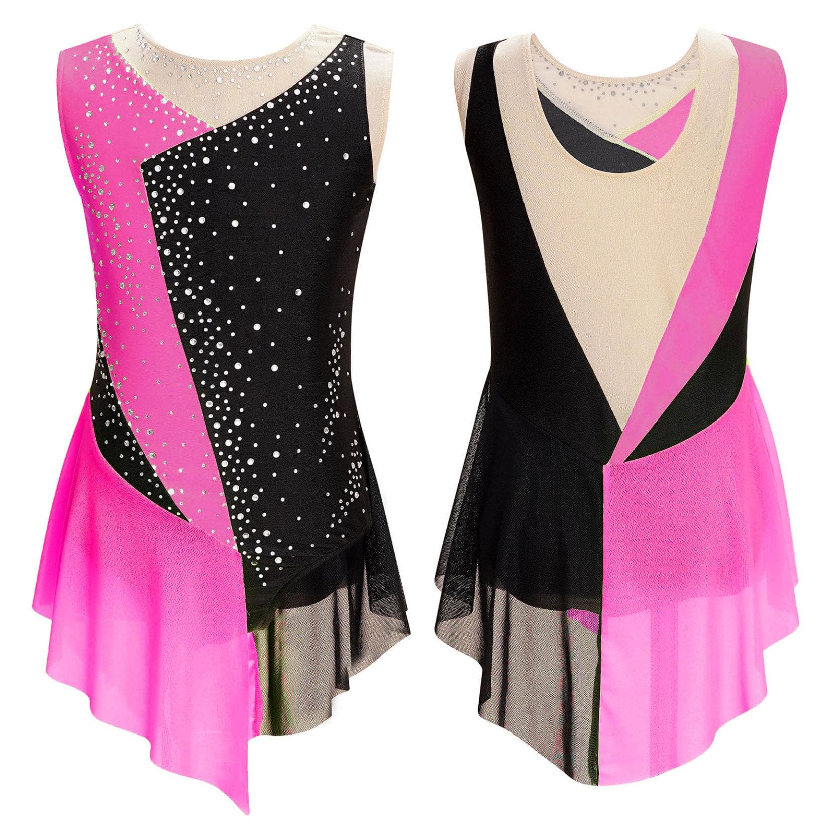 Kids Girls Figure Skating Leotard Dress Shiny Rhinestone Sheer Mesh Sleeveless Dresses for Ballet Lyrical Dance Gymnastics 13-14 Years hot pink