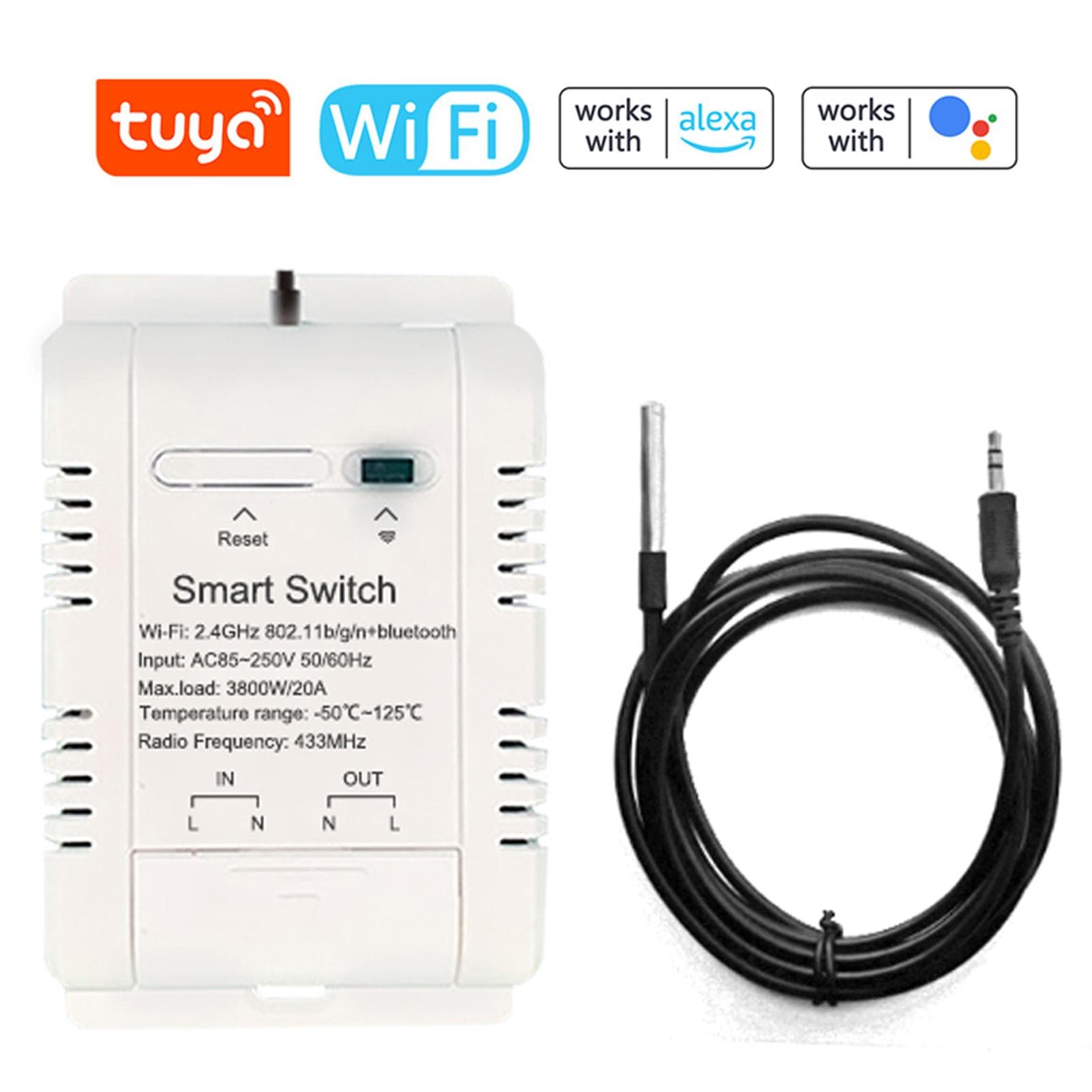 Tuya WiFi Intelligent Energy Circuit Breaker Switch Mobilephone APP with Real-time Temperature 20A switch with 2m temperature line multicolour