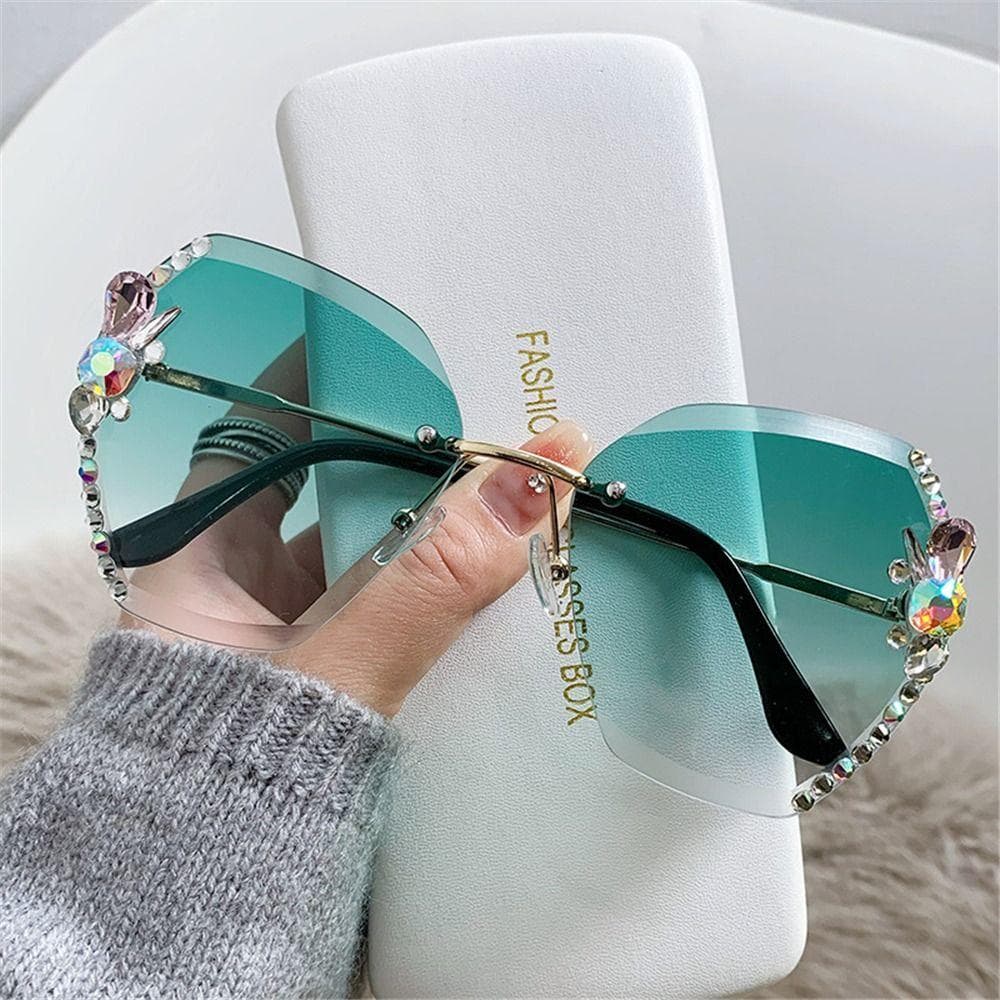 UV Protection Rhinestone Sunglasses Frameless Shiny Lens Beach Travel Streetwear Women Eyewear Sun Glasses