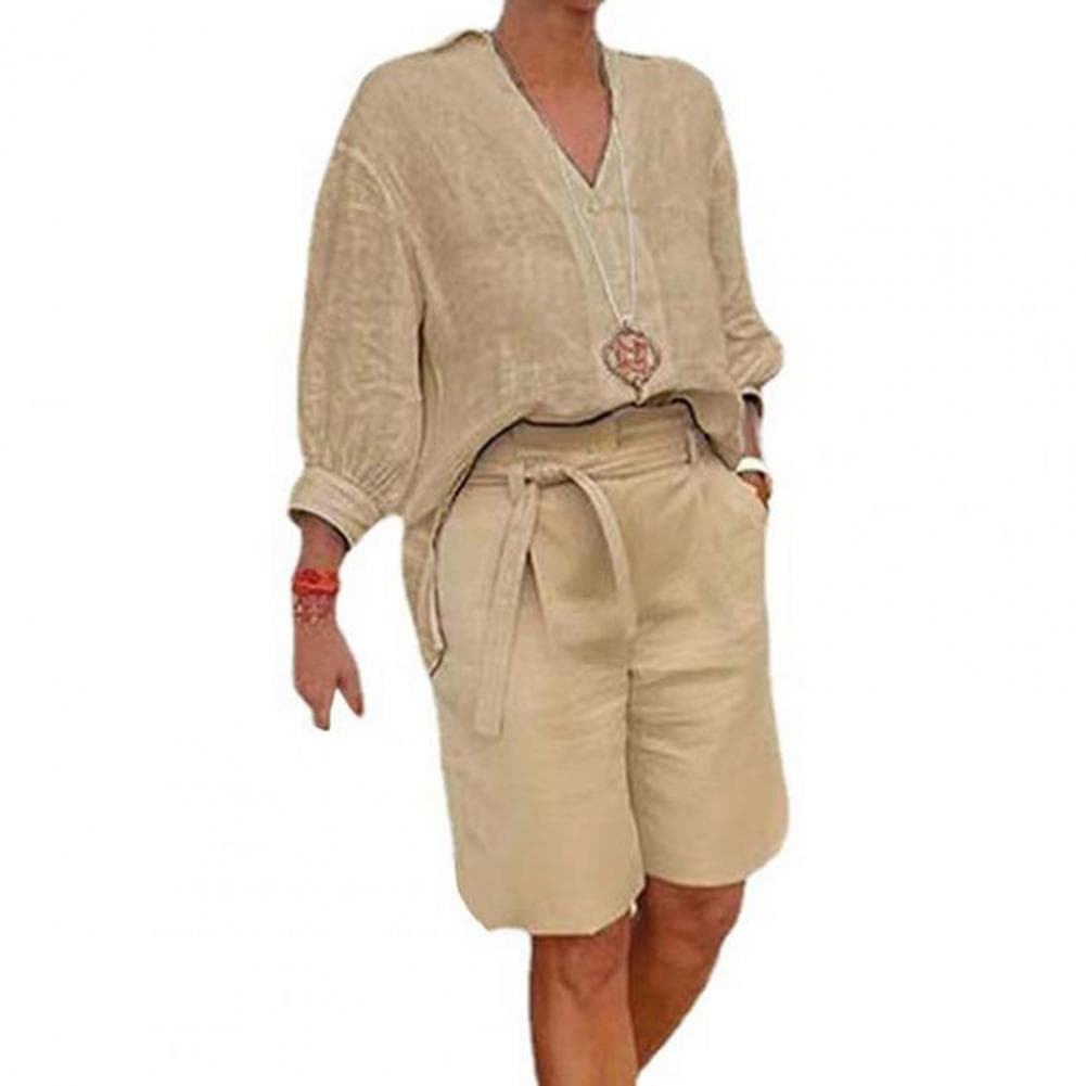 2 Pcs/Set Women Shirt Shorts Set Solid Color Three Quarter Sleeves V Neck Blouse High Waist Loose Knee Length Pants Set Casual O M khaki