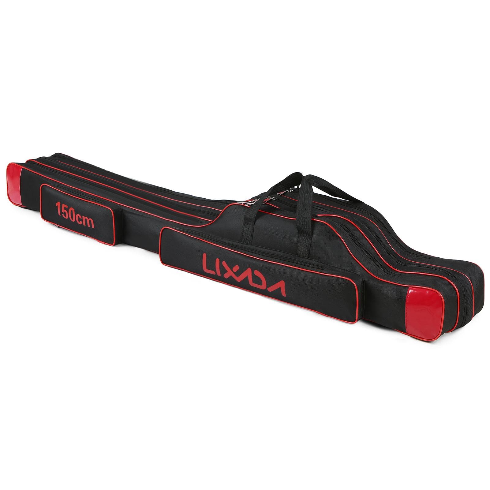 Lixada 3 Layers Fishing Pole Bag Portable Folding Rod Carry Case Fishing Reel Tackle Storage Bag Case 150cm red/black