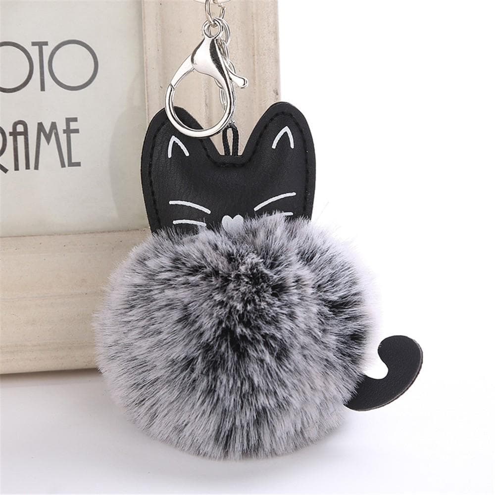 Cute Cat Leather Furry Keychain Pendant Women Key Ring Holder Pompoms Key Chains Lovely Plush Cow Lanyard For Keys Porte Clé black