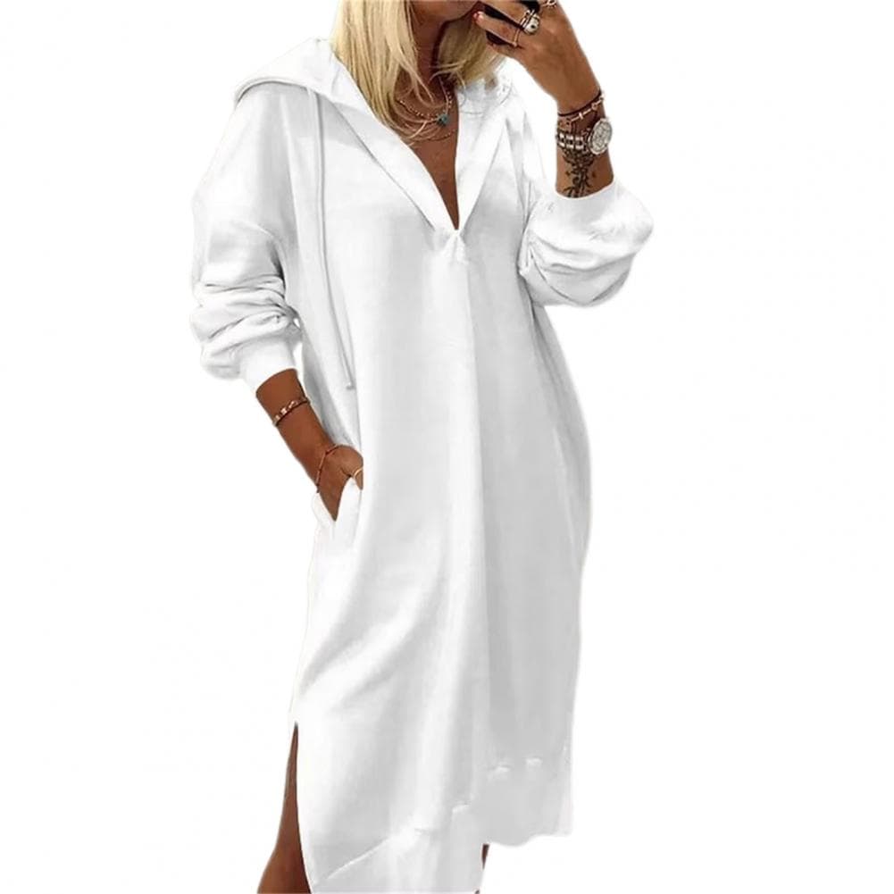 Fall Winter Women Dress Hooded Drawstring Side Split Loose Long Sleeves Pure Color Knitted Pullover with Pockets Knee Length Dai L white